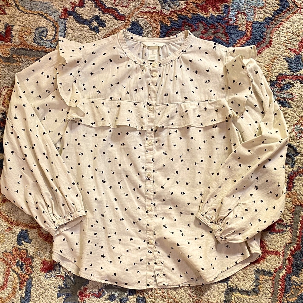 H&M Linen Blend Ruffle Ginkgo Leaf Print Blouse